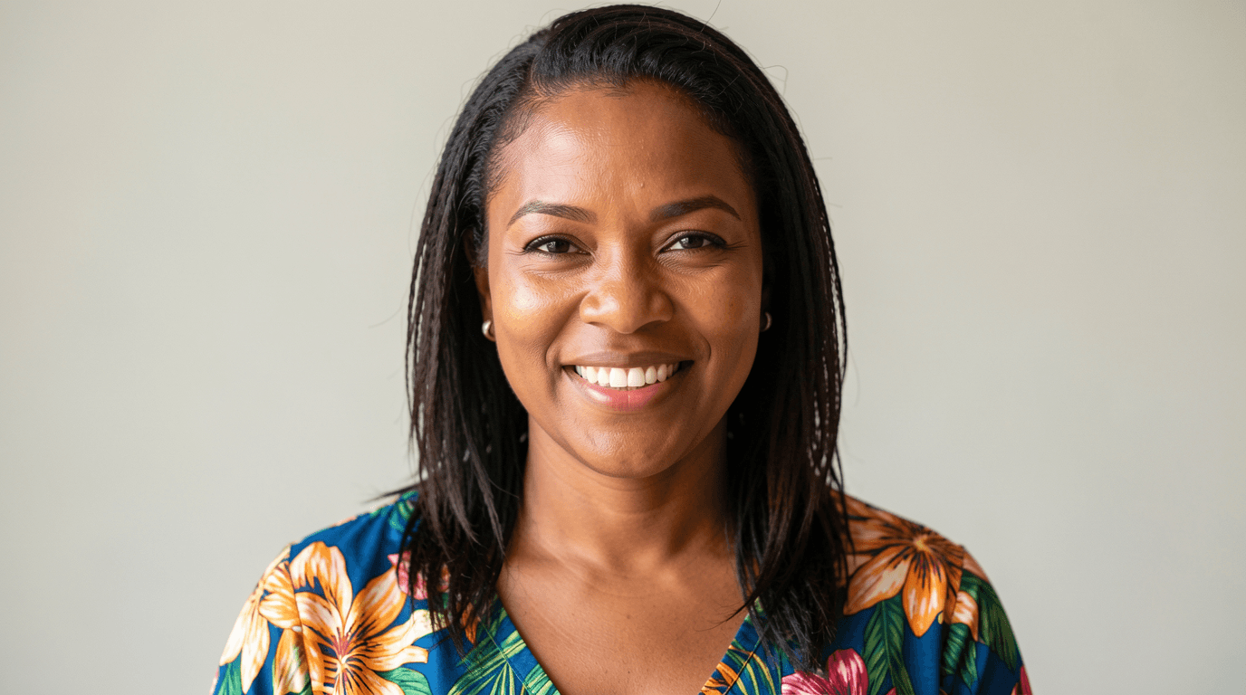 Woman in her 40s looking confident and grounded