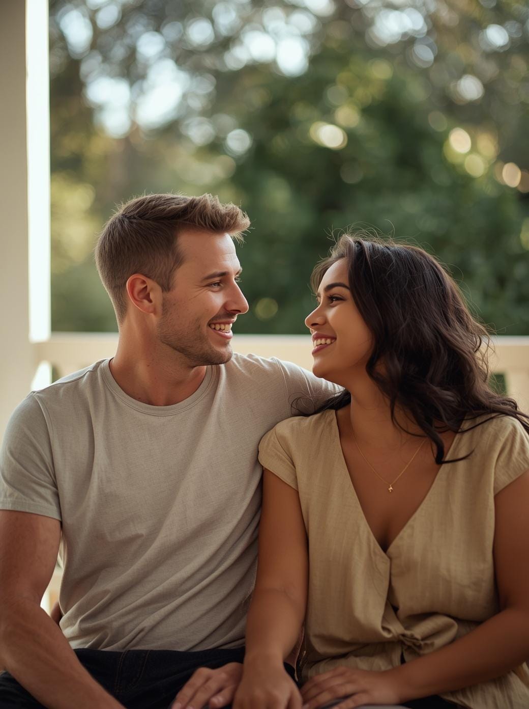 Australian mixed-heritage couple, man of Caucasian descent and woman of Indian descent, sharing a warm hopeful moment