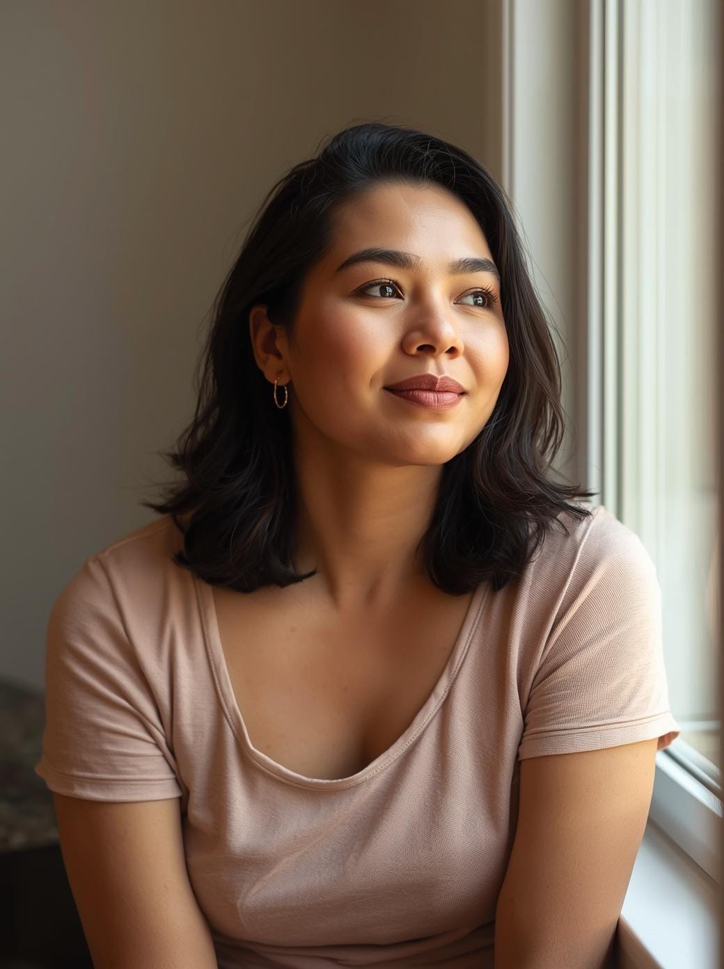 Woman of Indian descent looking hopeful and thoughtful, fertility journey