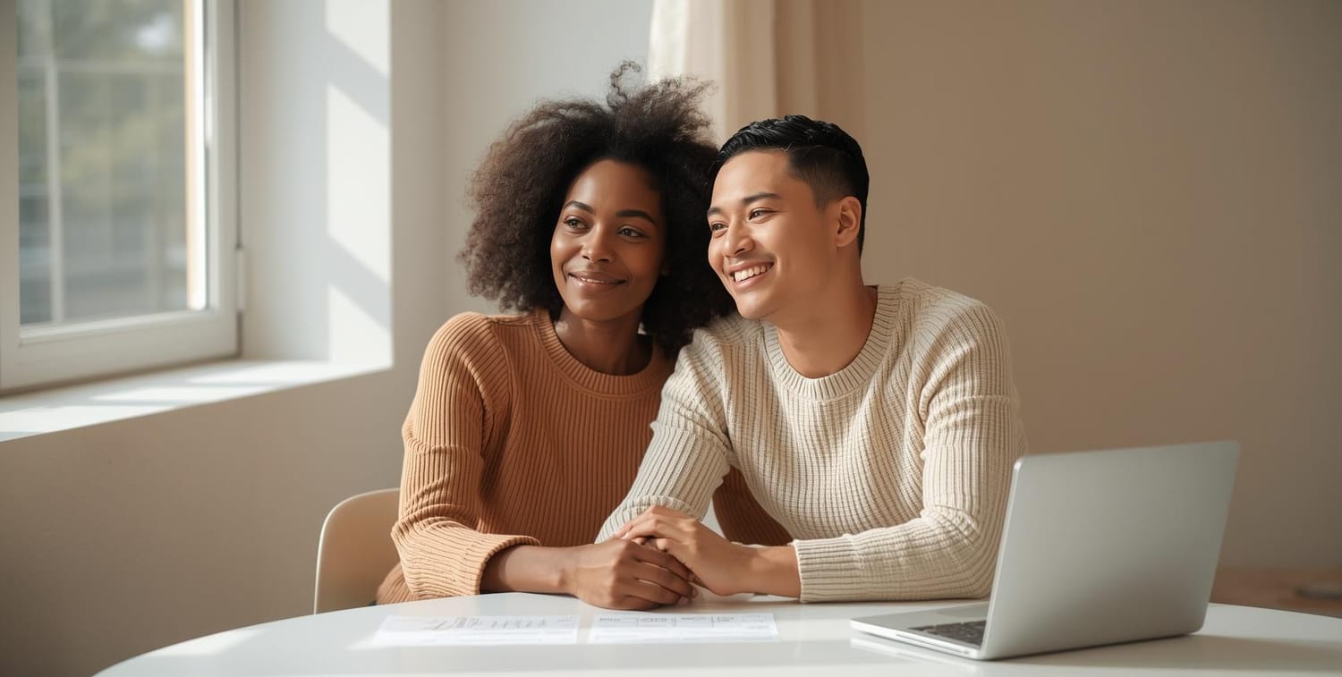 Warm, hopeful couple in a bright consultation setting