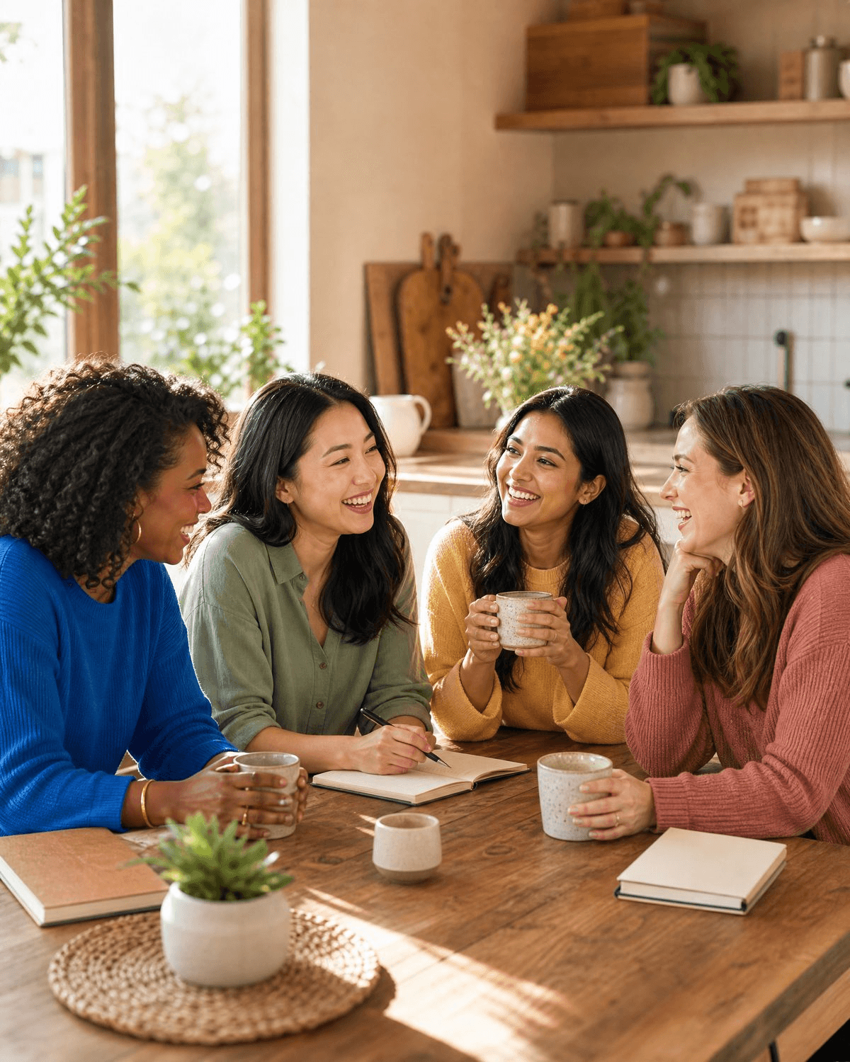 Diverse group of women in community together, laughing and supporting one another