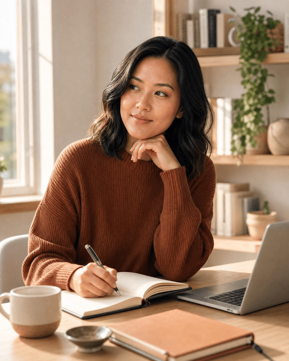 Woman of Asian or mixed heritage, hopeful and thoughtful, engaged in daily life
