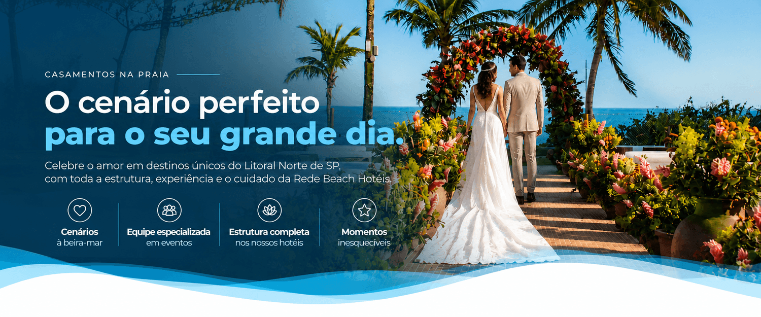 Casamento tropical à beira-mar na Rede Beach Hotéis, em São Sebastião.