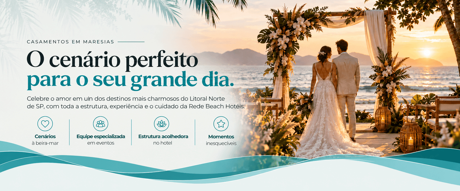 Arte ilustrativa de cerimônia de casamento à beira-mar com decoração tropical