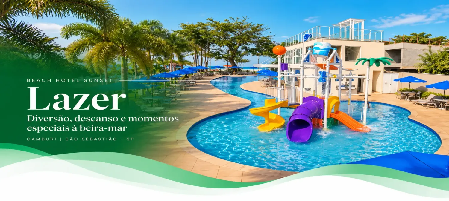 Lazer no Beach Hotel Sunset em Camburi: piscinas, área aquática infantil e jardins tropicais