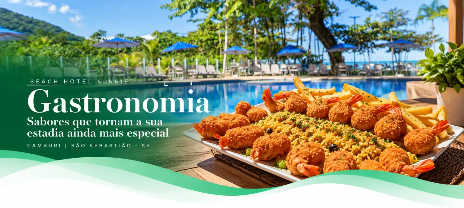 Gastronomia do Beach Hotel Sunset: prato de camarões e vista para a piscina