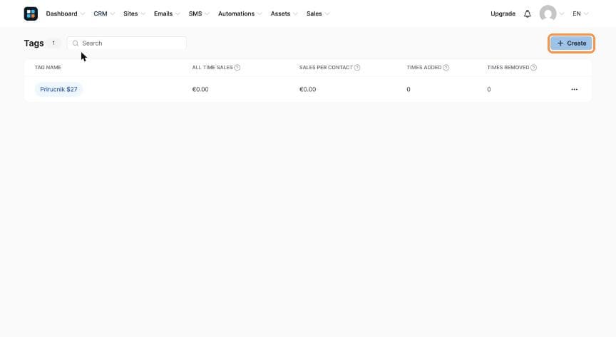 Tags page with the Create button highlighted
