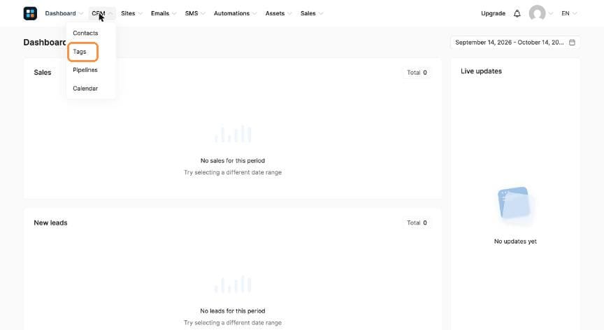 CRM menu open with Tags highlighted