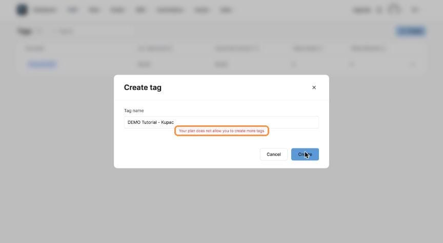 Plan limit error message under the tag name field