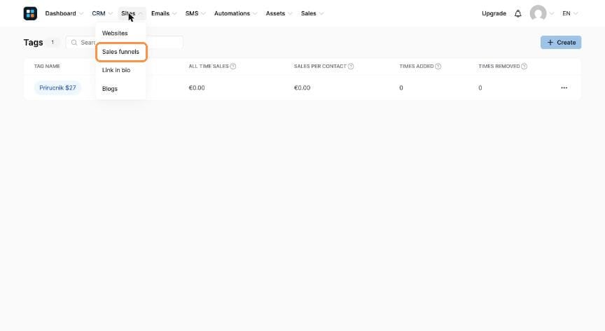 Sites menu open with Sales funnels highlighted