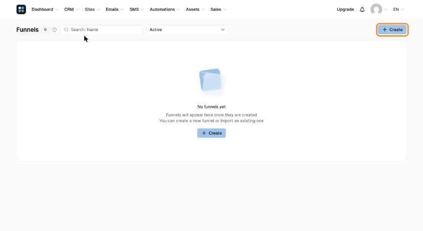 Empty Funnels page with Create button highlighted