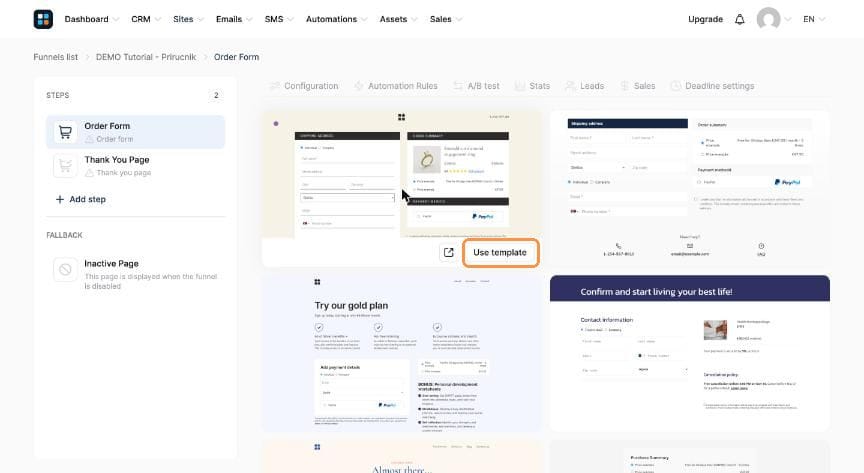Order form template gallery with Use template button highlighted