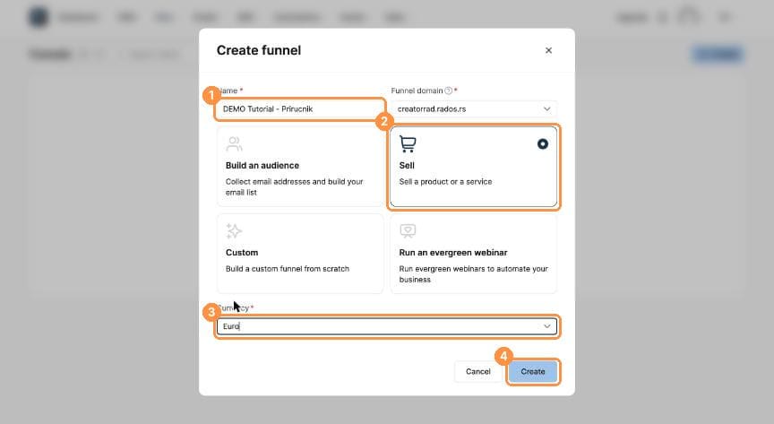 Create funnel dialog filled in with the Sell type and Euro currency