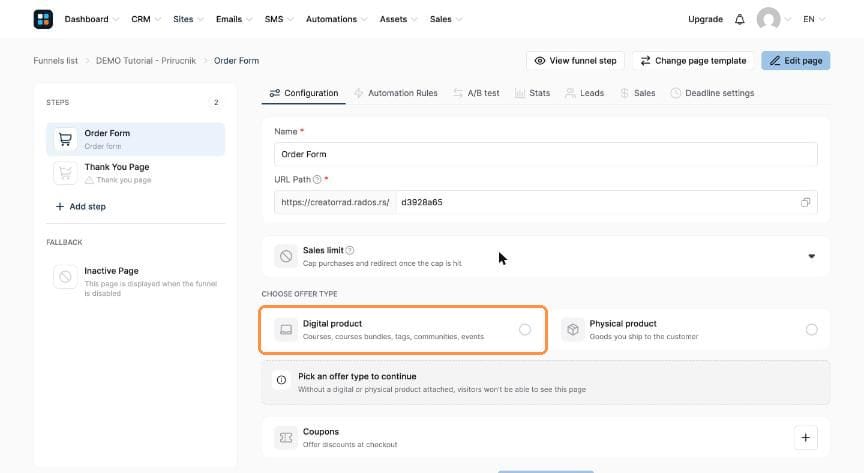 Order form configuration with Digital product highlighted