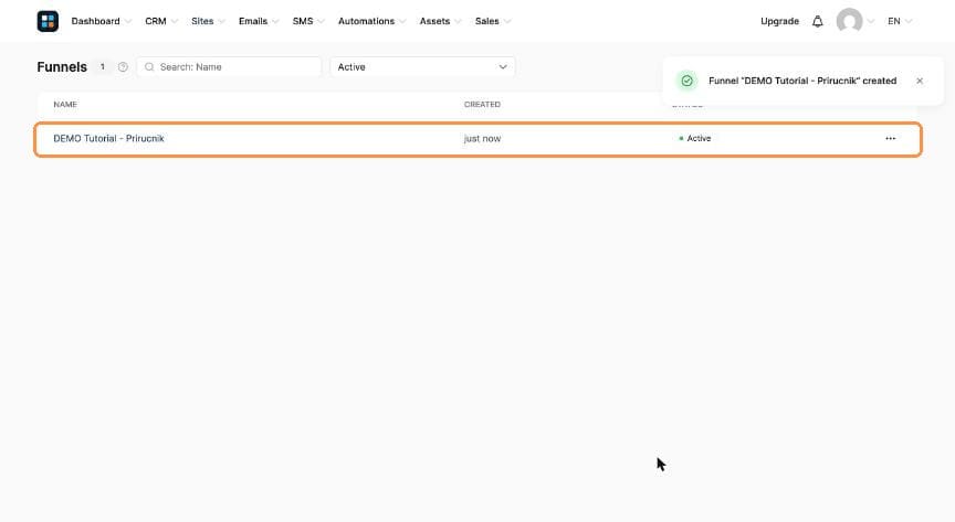 Funnels list showing the new funnel as Active