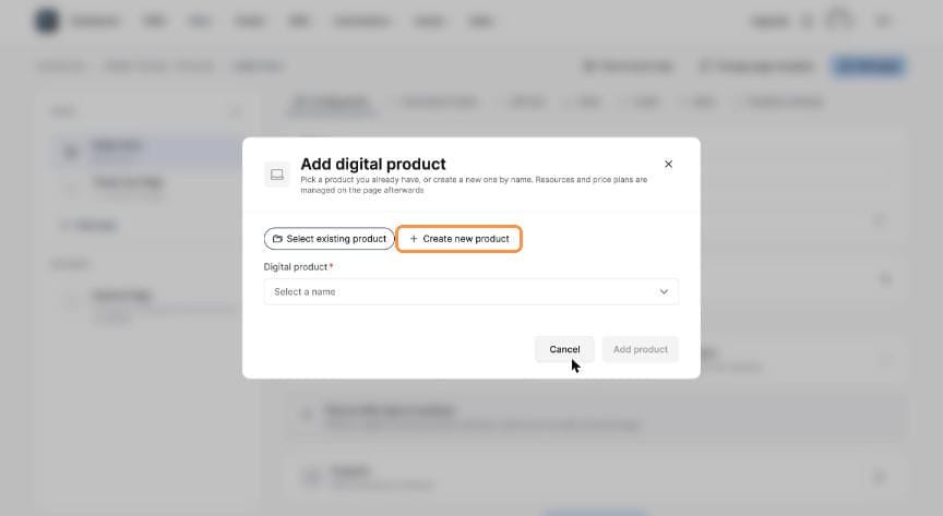 Add digital product dialog with Create new product highlighted
