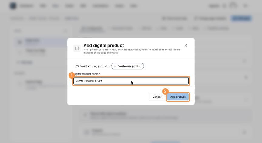 Product name typed in with Add product highlighted