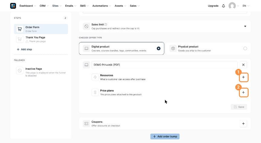 Product with Resources and Price plans plus buttons highlighted