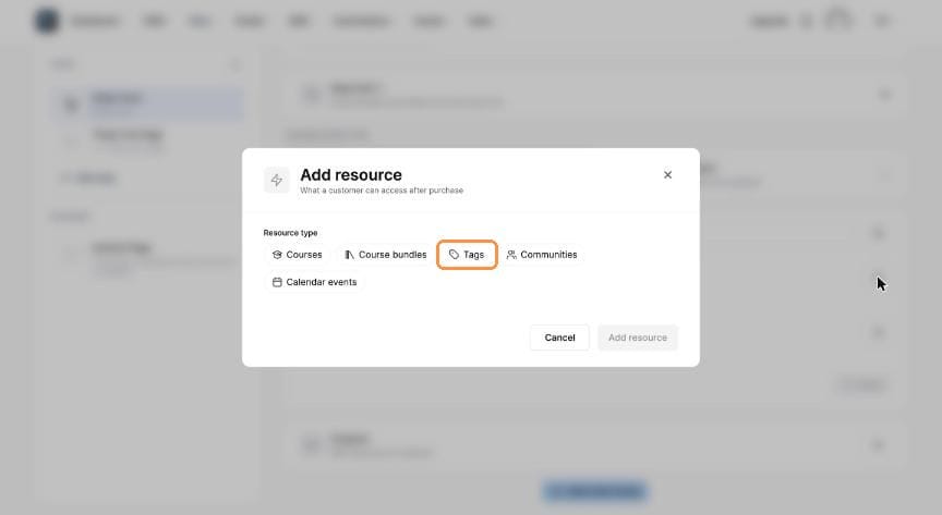 Add resource dialog with the Tags option highlighted