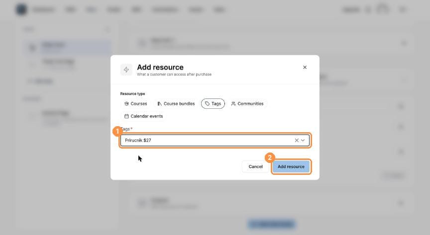 Tag selected in the dropdown with Add resource highlighted