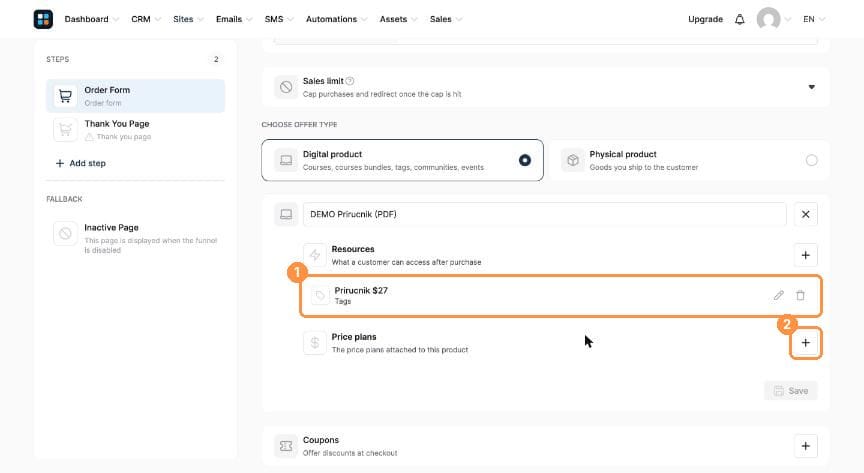Tag listed under Resources, Price plans plus highlighted