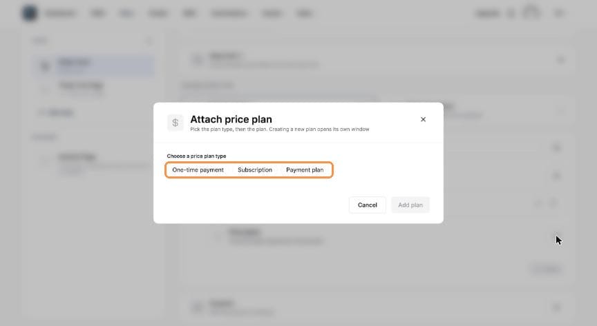 Attach price plan dialog showing the three plan types