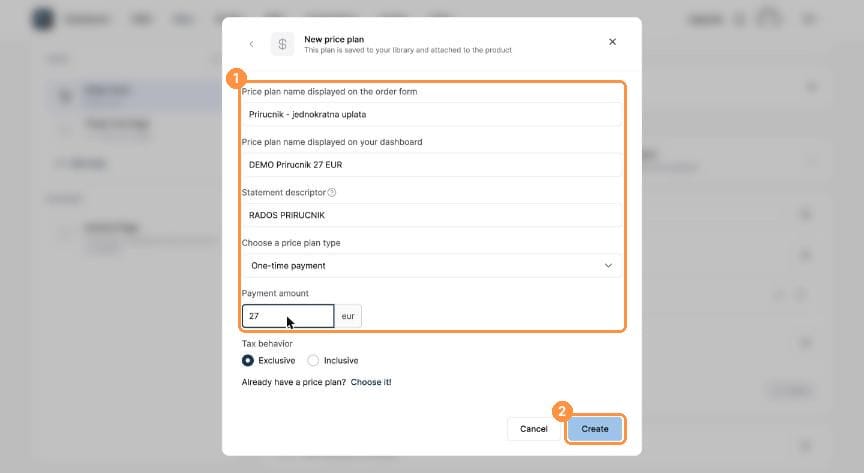 New price plan form filled in with 27 EUR
