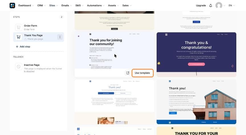 Thank you page template gallery with Use template highlighted