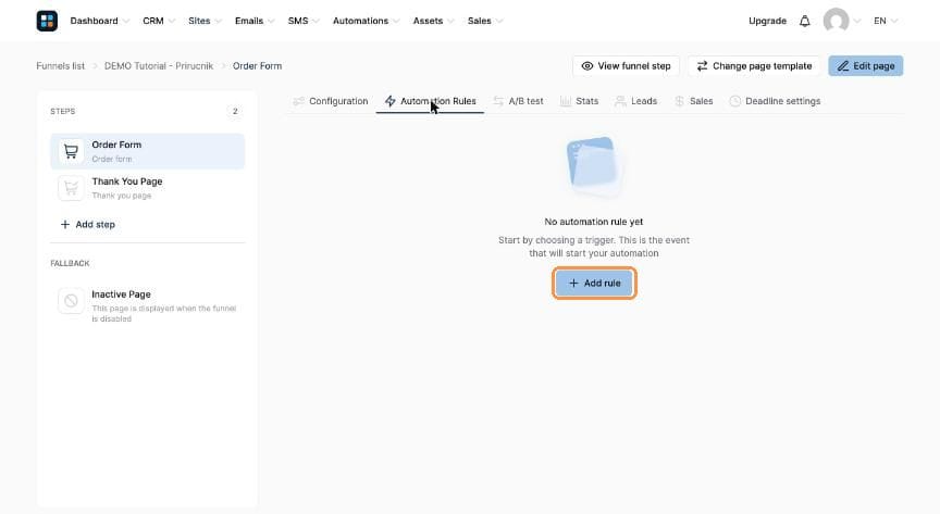 Automation Rules tab with the Add rule button highlighted