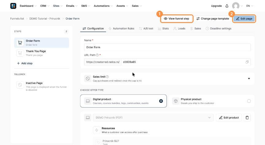 Order form step with View funnel step and Edit page buttons highlighted