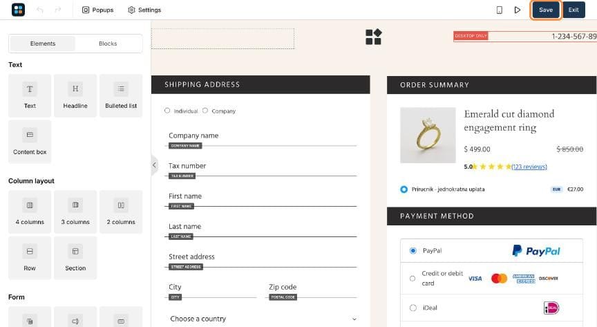 Page editor with the Save button highlighted