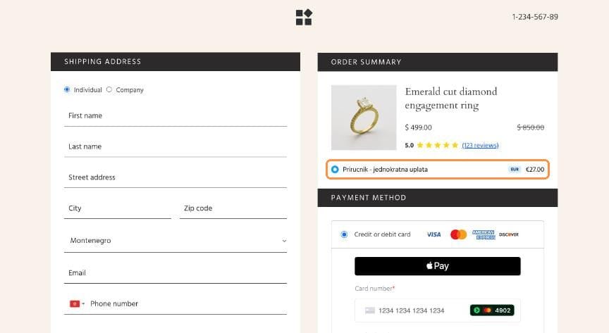 Live order page showing the price plan at 27 euros