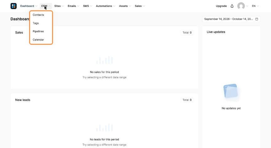 CRM menu open