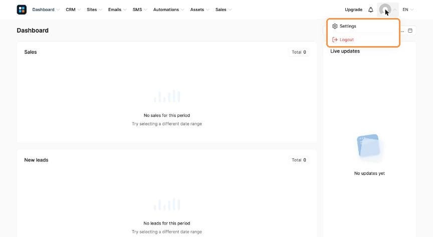 Profile menu open with Settings and Logout