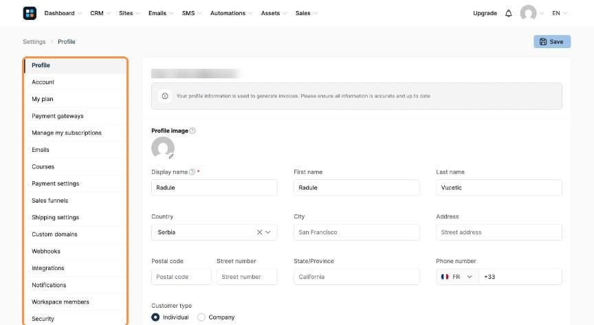 Settings page with the settings menu highlighted