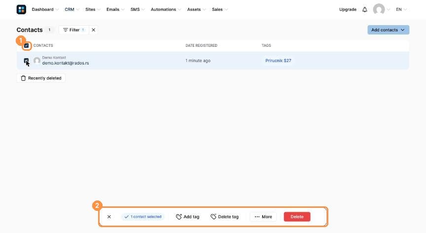 Contact selected with the bulk-action bar showing