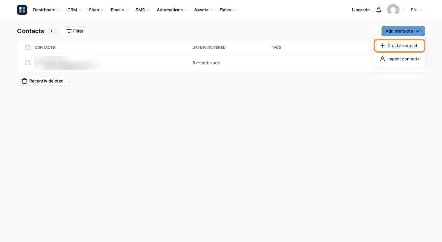 Add contacts menu with Create contact and Import contacts