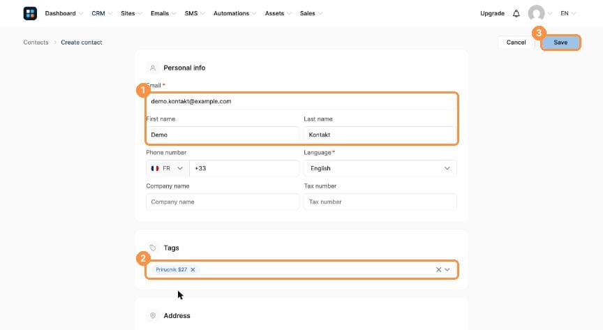 Create contact form with email, name and tags filled in