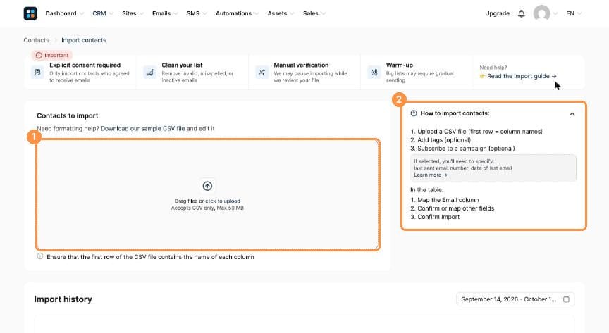 Import contacts page with upload area and instructions
