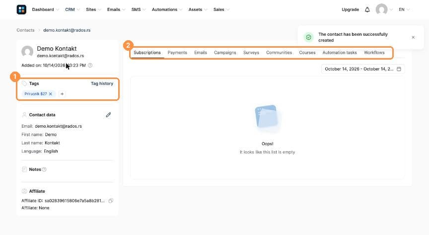 Contact profile with Tags and activity tabs highlighted