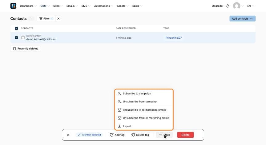 More menu with campaign, unsubscribe and export options
