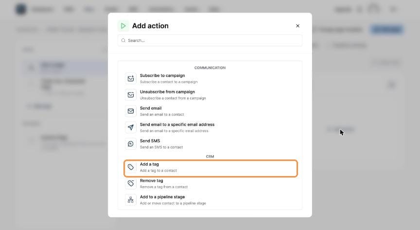 Add action dialog with Add a tag highlighted