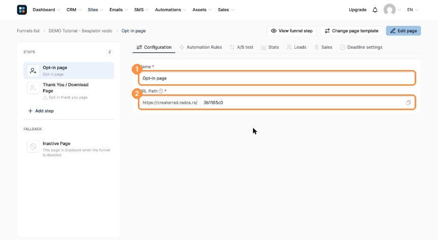 Opt-in page configuration with name and URL path