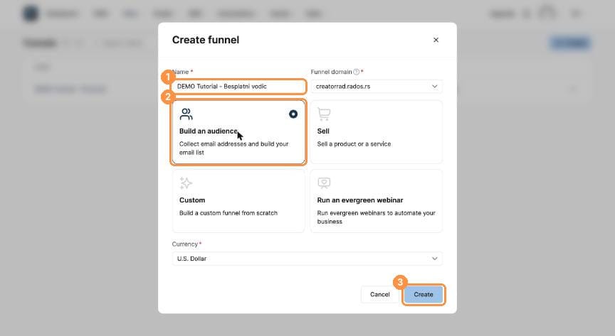 Create funnel dialog with Build an audience selected