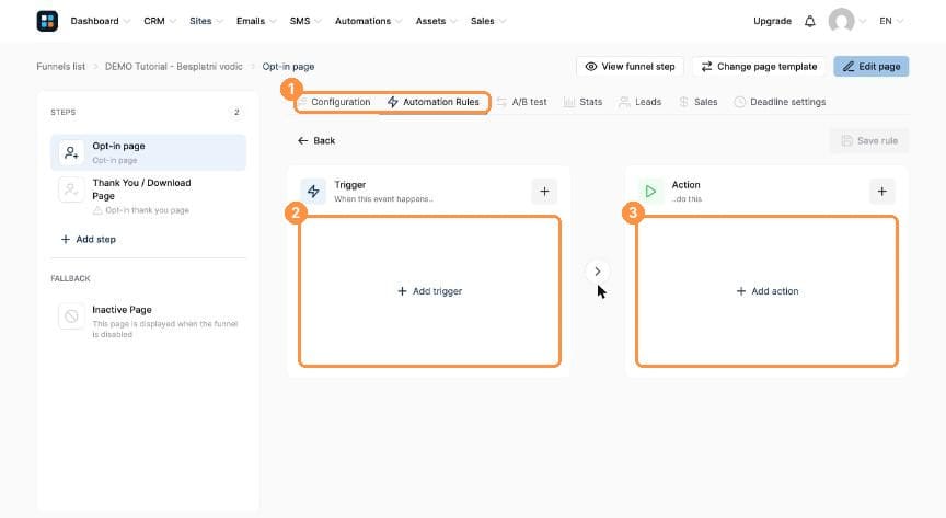 Empty automation rule with Add trigger and Add action
