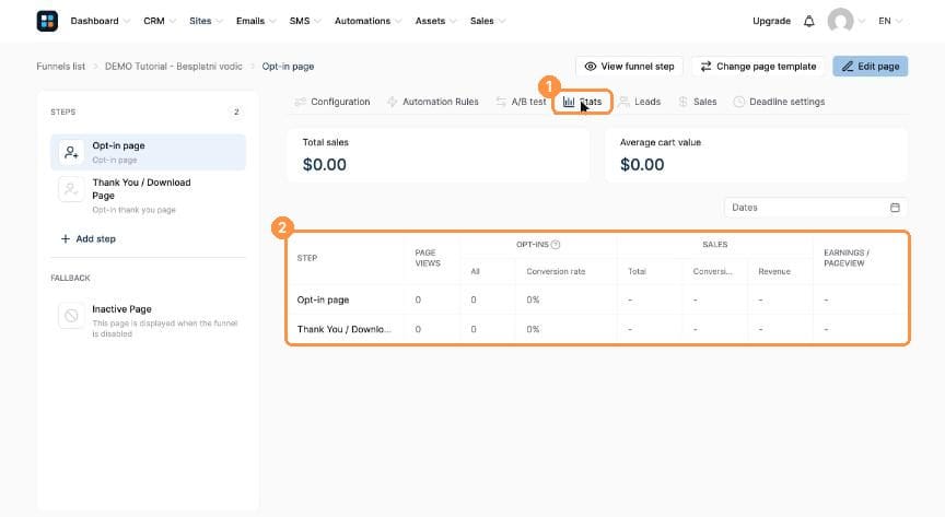 Stats tab with the funnel steps table