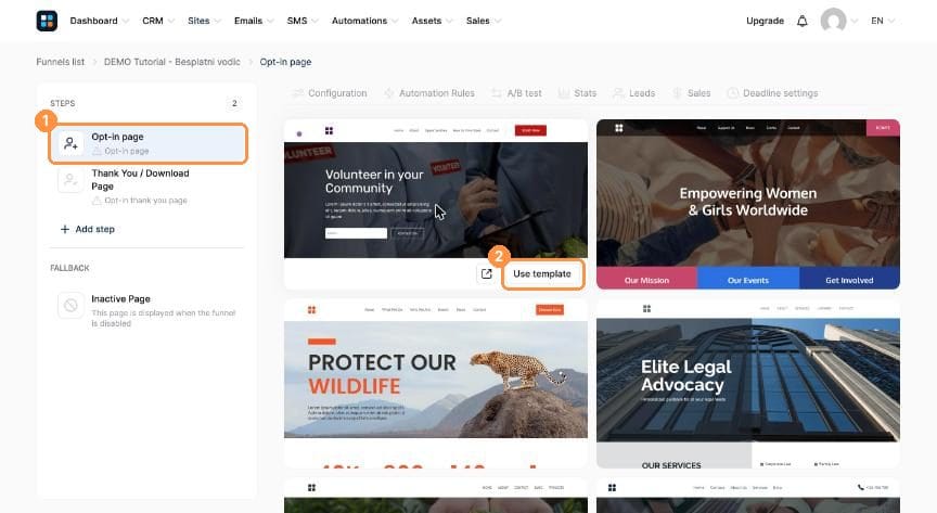 Opt-in page template gallery