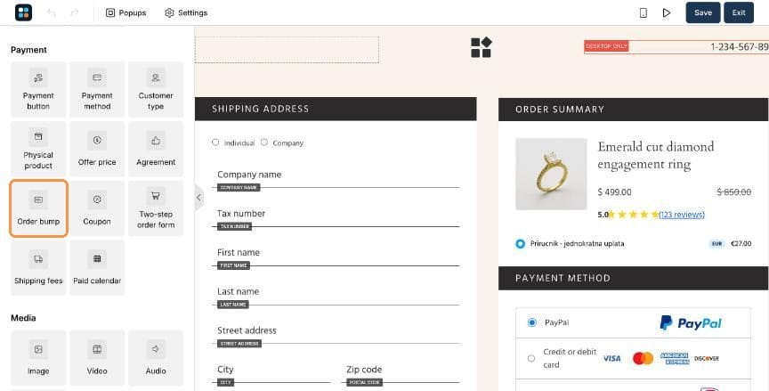 Editor Payment section with the Order bump element highlighted