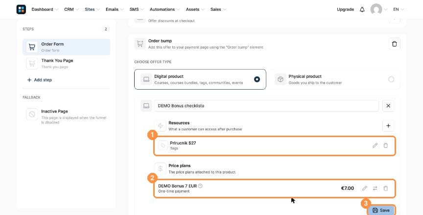 Order bump with tag resource, 7 euro price plan and Save button
