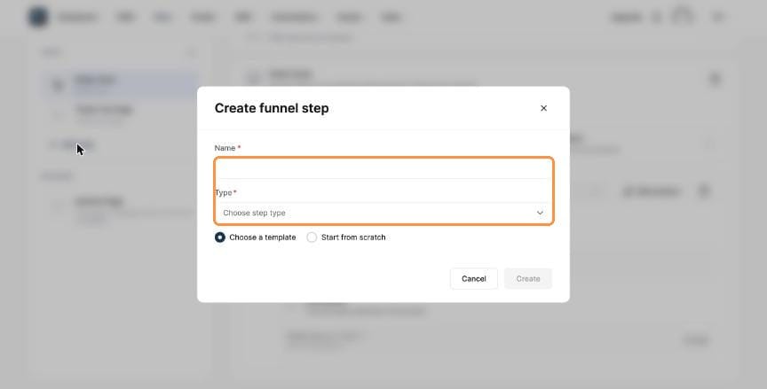 Create funnel step dialog